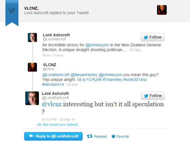 Lord Ashcroft's congratulates his friend John Key on his 2014 election victory